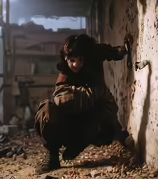 a person leaning against the side of a building while holding onto a door handle