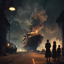 a group of people standing next to a giant ship