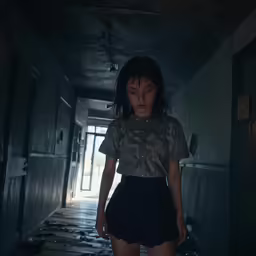 a dark girl with white shirt and short black skirt