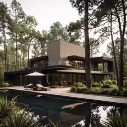 a large modern house surrounded by trees and water