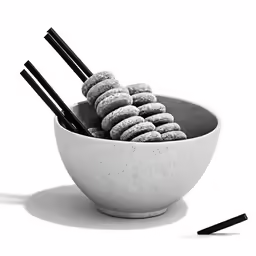 a bowl full of sugary cookies with four black sticks