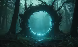 dark green, mystic scene of a swampy path in a mysterious forest