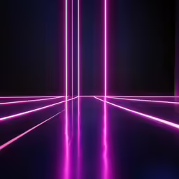 a long room with an open door lit up by pink neon lights