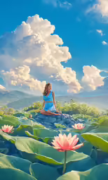 a woman is sitting on some lotus flowers
