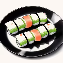 sushi on a black plate that is white and has green and orange designs