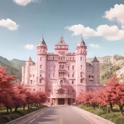 the building has pink flowers in front of it