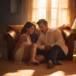 a young couple sit on the floor, and pose for a photo in their living room