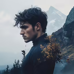 a man standing in front of a mountain with trees