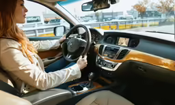 a woman driving a car on the street