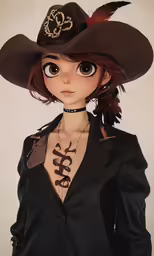 a doll dressed up in a hat with a large eyes