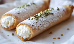 two small pastry rolls with cream and sage