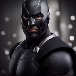 a man in black leather armor standing in front of some lights