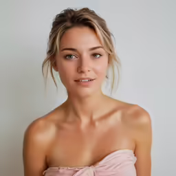 a woman is wearing a strapless pink shirt