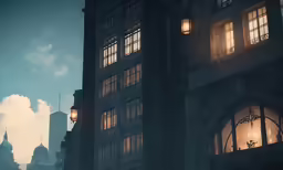 the tall building with lights is lit up