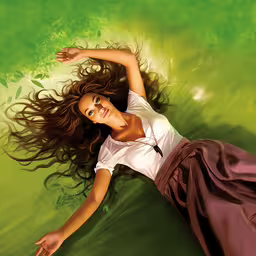 a woman laying down on her back with her hair blowing,a digital painting of a woman in white shirt and skirt laying down