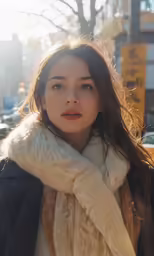 a woman standing on a sidewalk wearing a white scarf
