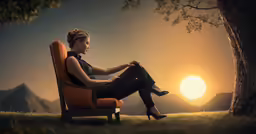 a woman sitting in an orange chair on a hillside under a tree