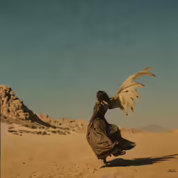 the man with the wings is dancing in the desert