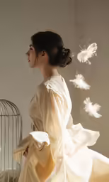 woman in white dress looking at birdcage
