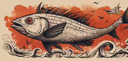 an illustration of a large fish that is floating in the ocean,an artistic fish with many details on it