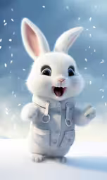 the white rabbit is happy about this show,a painting of a bunny rabbit that is dressed in an easter outfit