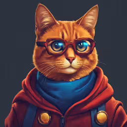 an orange cat wearing glasses and a red jacket