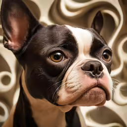 an adorable small black and white dog staring straight ahead