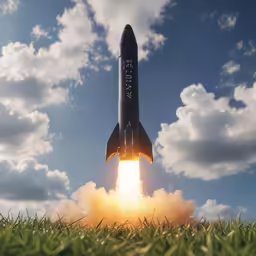 a rocket takes off into the blue sky and clouds