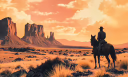 a cowboy in a desert on a horse