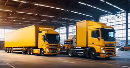 two yellow semi trucks sit next to each other,two yellow trucks are parked inside an open hangar