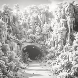 snowy trees and a tunnel with a building below