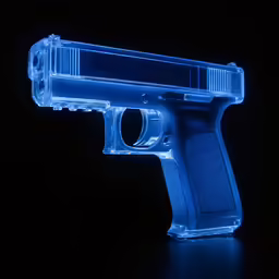 a blue illuminated toy gun in the dark