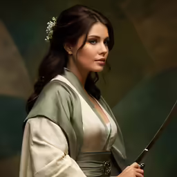 a woman in a green dress holding a sword