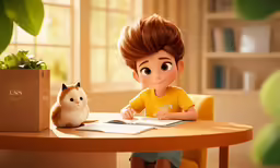 a girl sitting at a table with a small hamster
