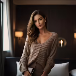 a woman standing in front of a large window in a bedroom