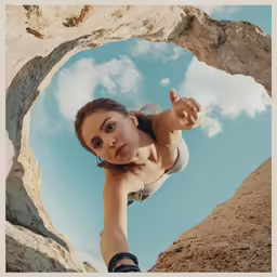a woman in a bikini leaning out of a cave