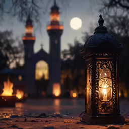 a lit lantern in front of some buildings with bright lights