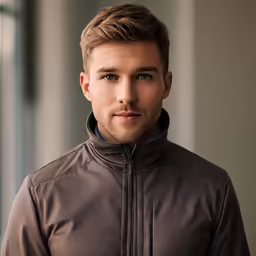 a man is photographed wearing a jacket and looking at the camera