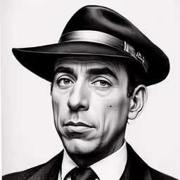 a black and white drawing of a man in a suit