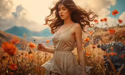 a woman is walking through an open field