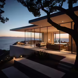 a house by the ocean with a large patio at night