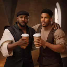 two young men smiling holding cups of coffee
