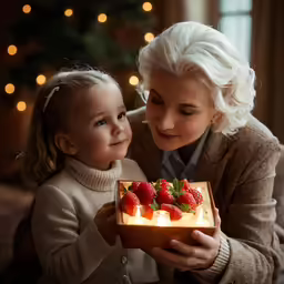 a woman and girl hold a christmas present in front of a decorated tree