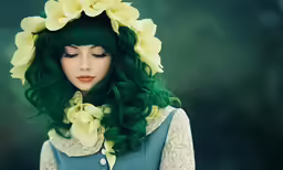 a woman with green hair and flowers on her head