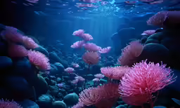 an underwater photo shows a coral reef with sea weed