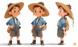 several poses of an animated character with hat and outfit