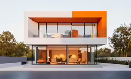an orange house with glass walls and a black roof