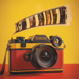 a camera and a roll of film sitting on a table