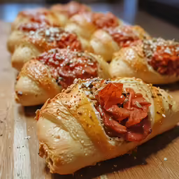 a long, cheesy bread with toppings sits on a wooden cutting board