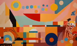 the man is standing in front of a wall painted with abstract images,an abstract picture on the wall with people painted on it